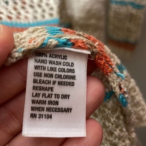 Red Camel Sz M Beige Orange Blue Stripe Southwestern Lightweight Fringe Cardigan - Picture 6 of 8